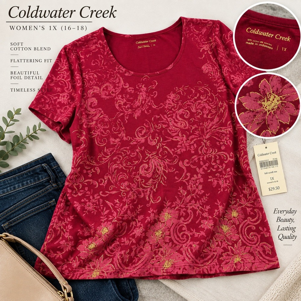 Coldwater Creek Womens 1X Pink Gold Foil Scroll Floral Short Sleeve Tee New